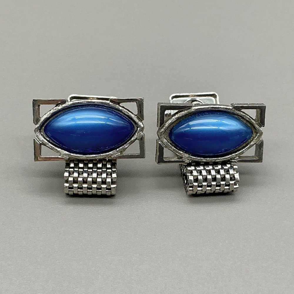 Hickok Vintage Blue Cabochon Mesh Wrap Around Cufflinks Silver Tone Mid Century